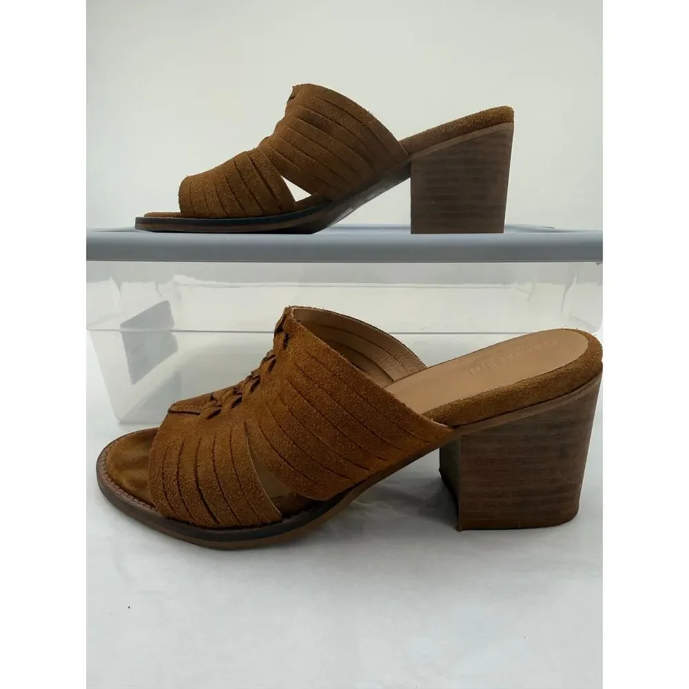 Garnet Hill Brown Suede‎ Leather Slide Sandals Chunky Heel Size 37 Boho Resort
